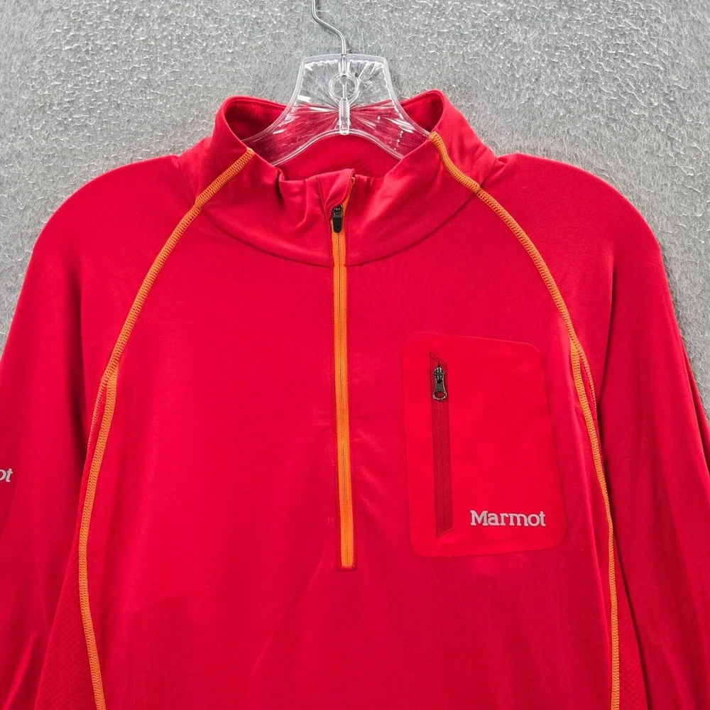 Marmot Men Sweatshirt Large Red 1/2 Zip Pockets Thumbholes Mock‎ Neck Pullover